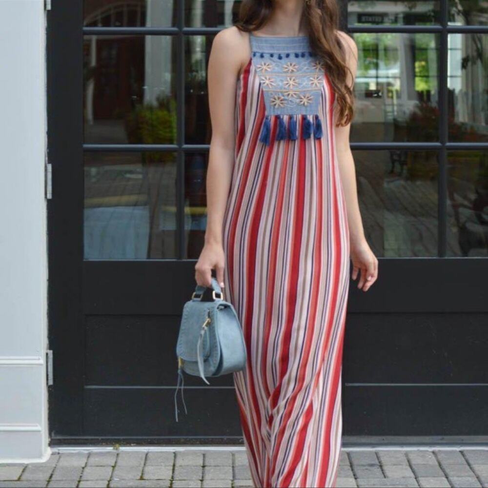 THML Embroidered Striped Maxi Dress Sz M